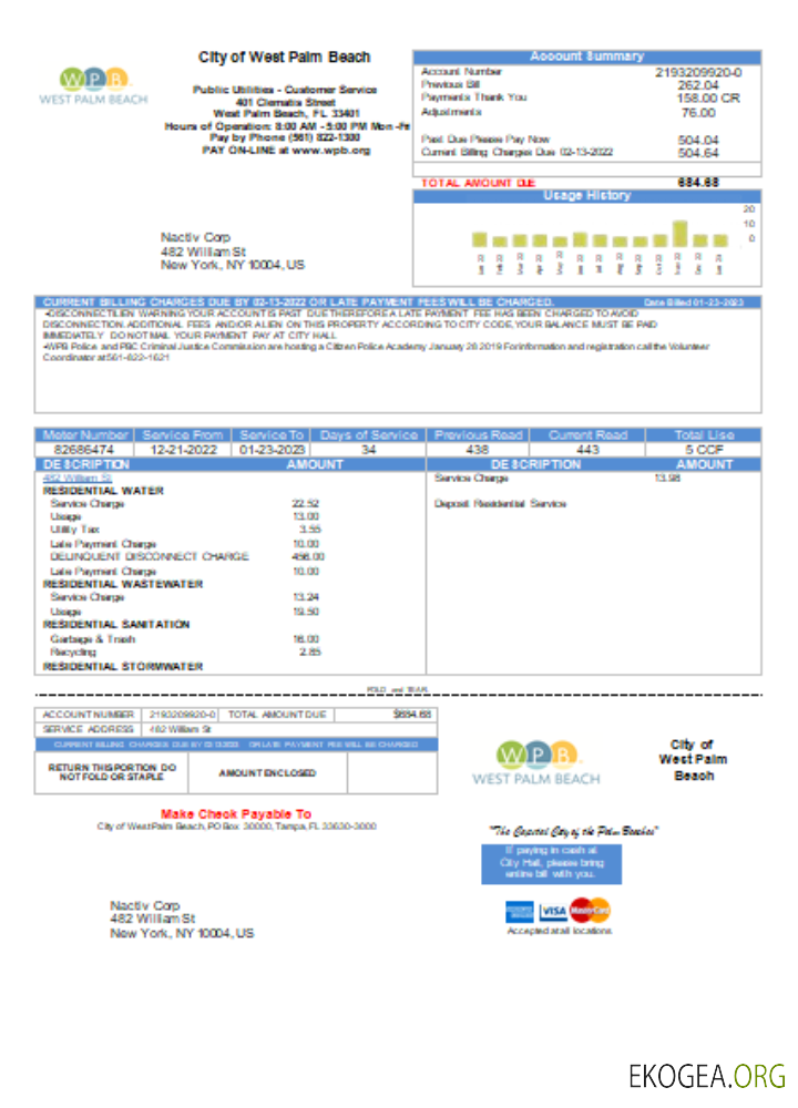 Facture commerciale de services publics de West Palm Beach Pub Utilities SCR
